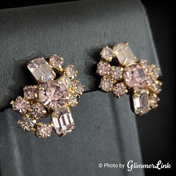 Vintage Mid Century Pink Lavender Rhinestone Gold Tone Climber Clip On Earrings - Picture 2 of 8